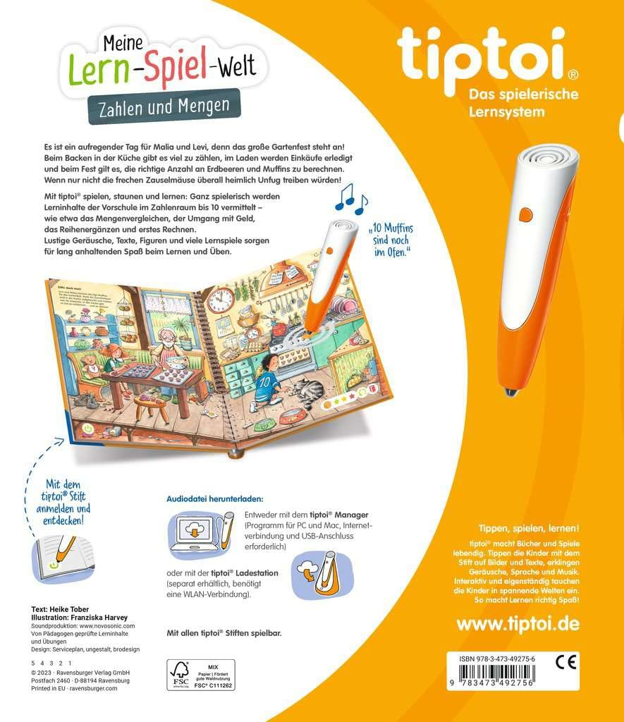 Tiptoi Lernspiel-Verpackung mit orangem Stift, Illustrationen von Kindern und erklärendem Text auf Gelb.