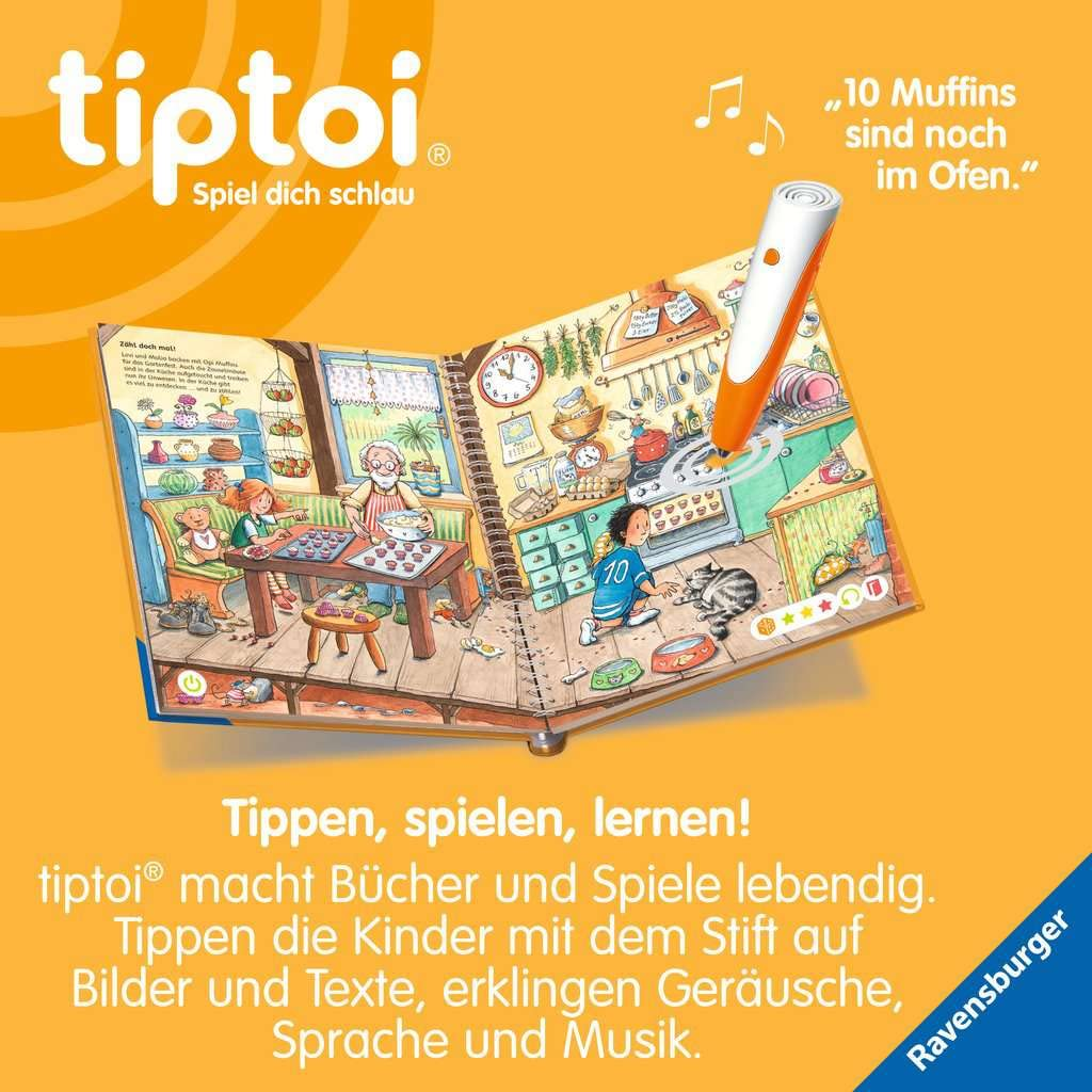 Ein offenes Tiptoi-Buch mit einer illustrierten Kochszene und einem Tiptoi-Stift, der auf die Seite zeigt.