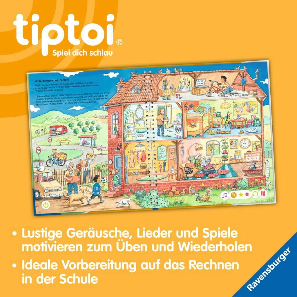 Ein offenes Tiptoi-Buch zeigt ein farbiges Haus mit vielen Räumen, Menschen und Tieren auf gelbem Hintergrund.