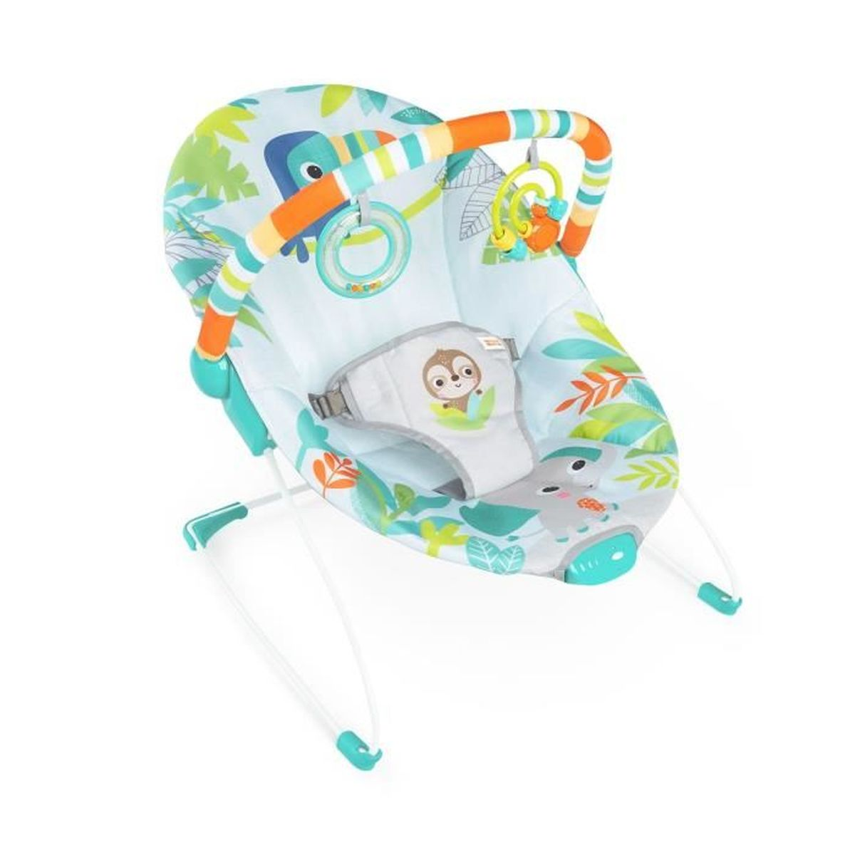 Buntes Babydschungel-Babywippe mit bunten Spielzeugen und Tierdrucken auf weißem Hintergrund.