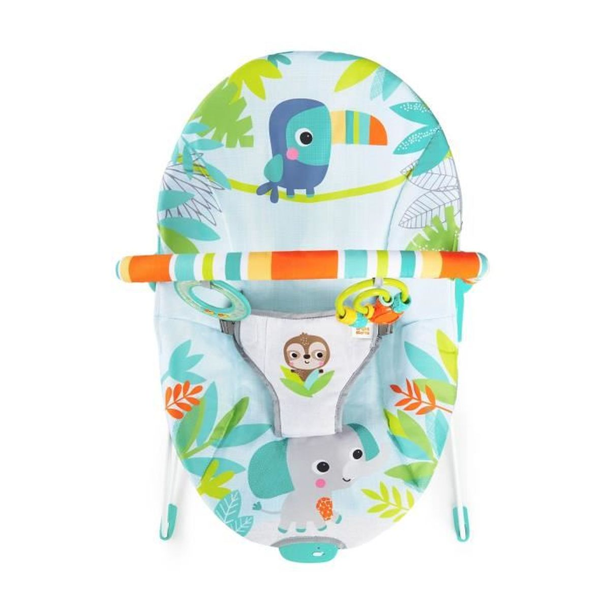 Bunte Babyschaukel mit Dschungelmotiven wie Elefant und Tukan.