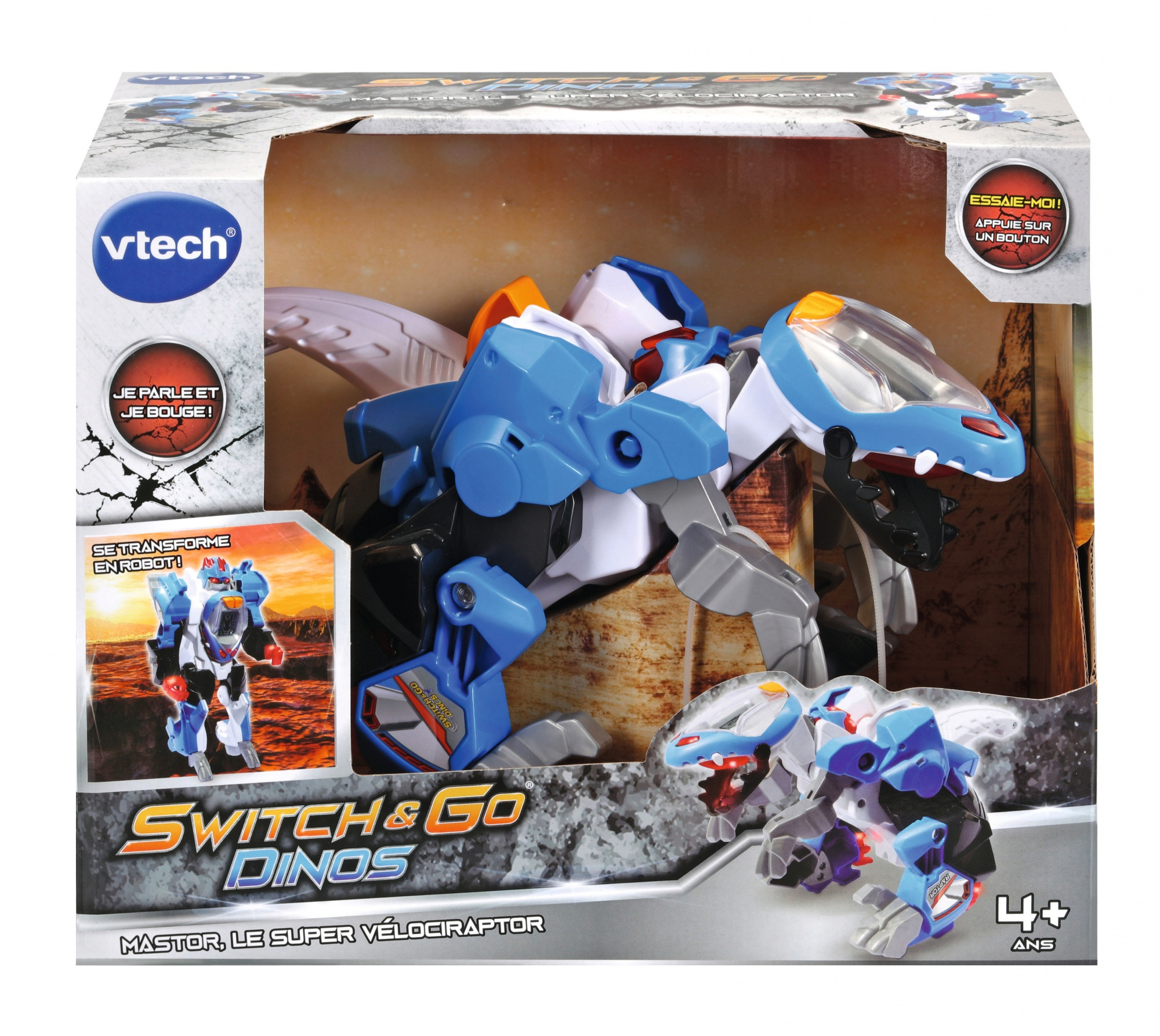 VTech Switch & Go Dinos Mastor Spielzeug in Box, zeigt einen blau-weißen Transformations-Velociraptor.
