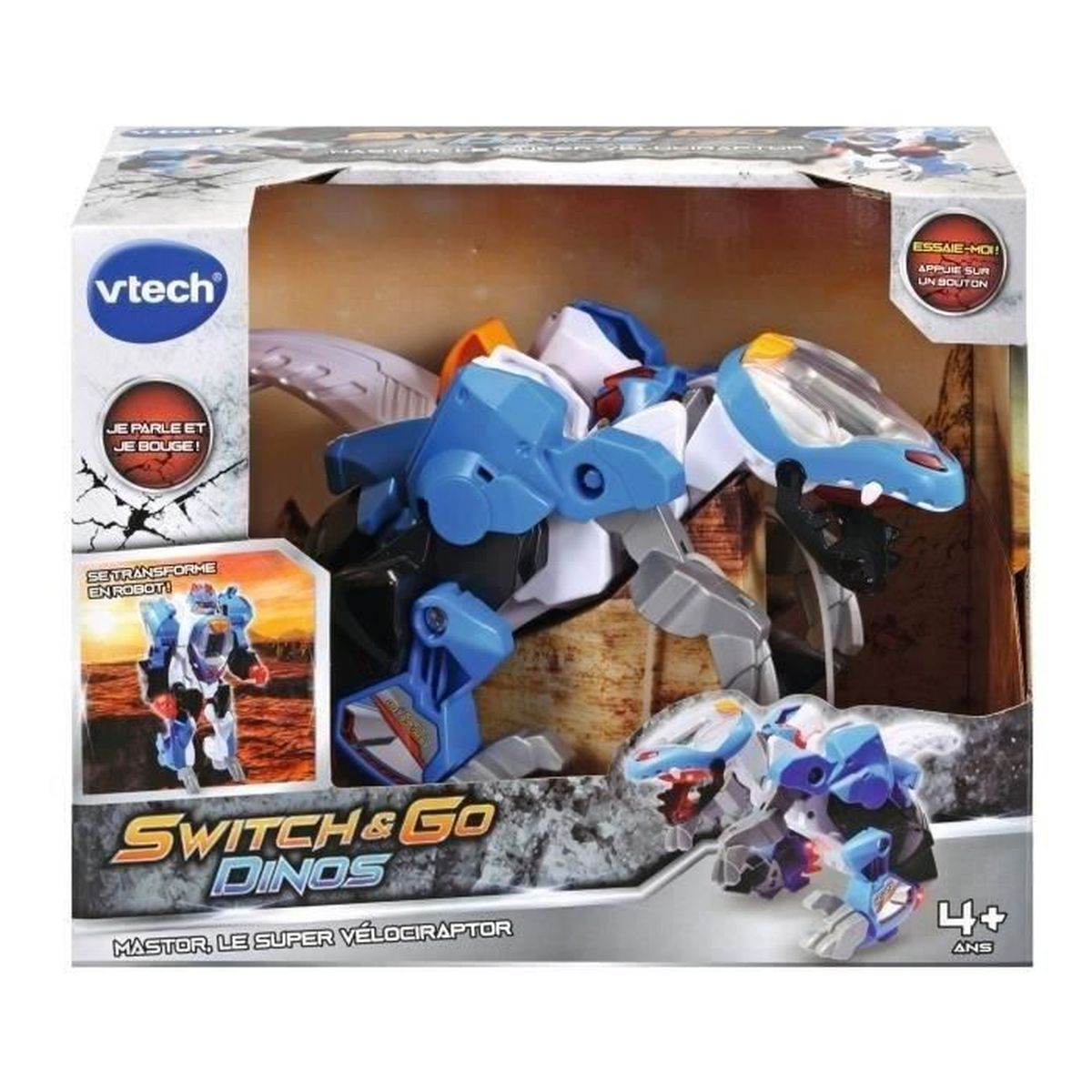 Eine VTech Switch & Go Dinos Schachtel mit einem blau-weißen Roboter-Dinosaurier, der sich in einen Roboter verwandelt.