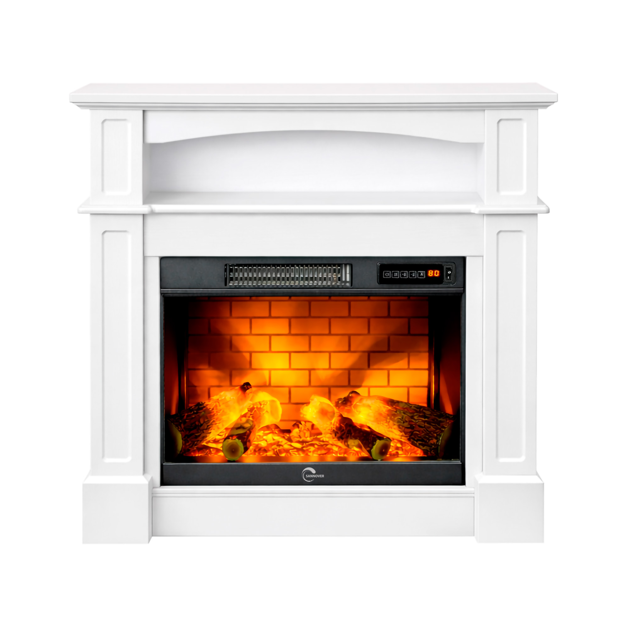 Ein weißer elektrischer Kamin mit falschem Holzfeuer und digitalem Display vor weißem Hintergrund.