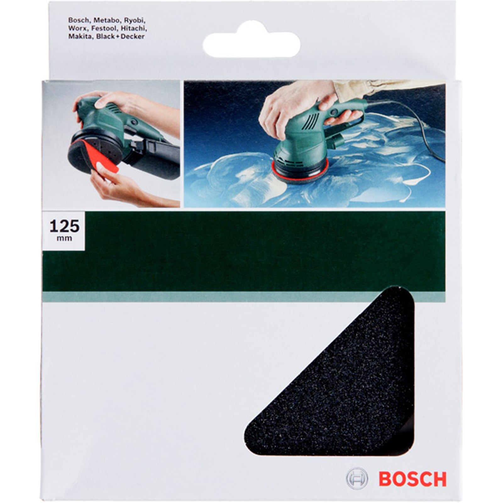 Verpackung für Bosch Schleifmittel mit Anwendungsbildern und einer dreieckigen schwarzen Schleifpad-Sichtfenster.