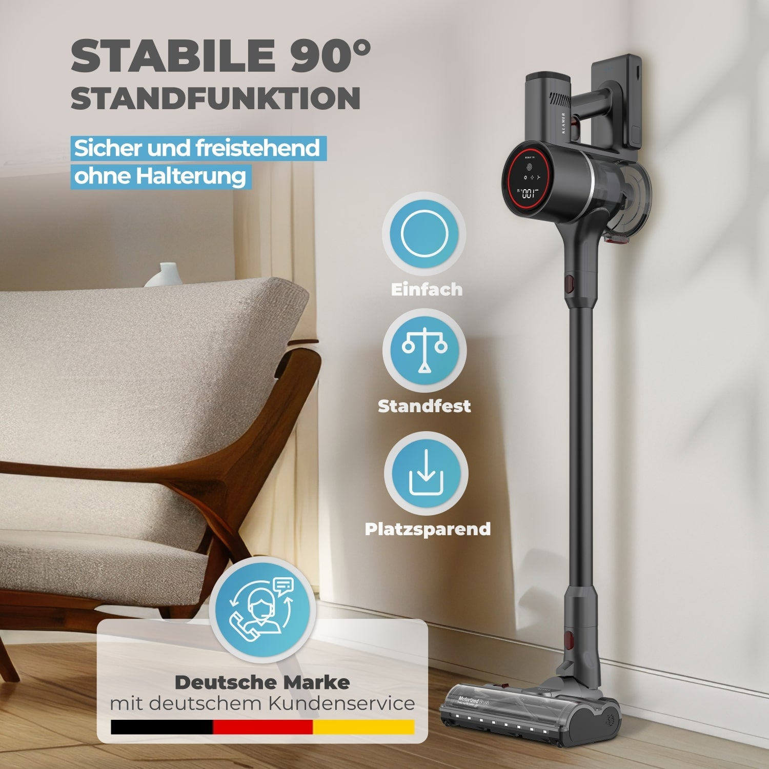 Kabelloser Staubsauger an einer Wand mit Werbetexten und Icons.