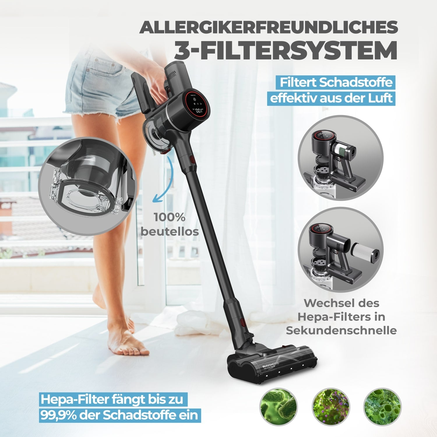 Eine Frau benutzt einen kabellosen Staubsauger mit 3-Filter-System und Hepa-Filter.