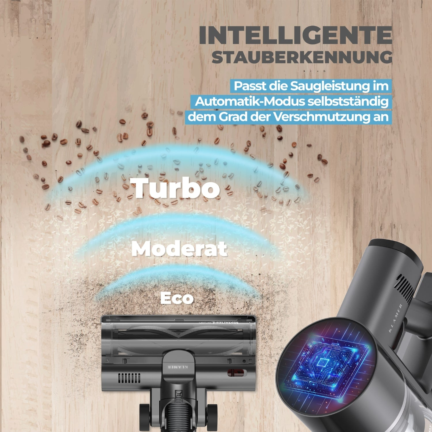 Staubsauger auf Holzboden mit Schmutz, zeigt Eco-, Moderat- und Turbo-Saugstufen.