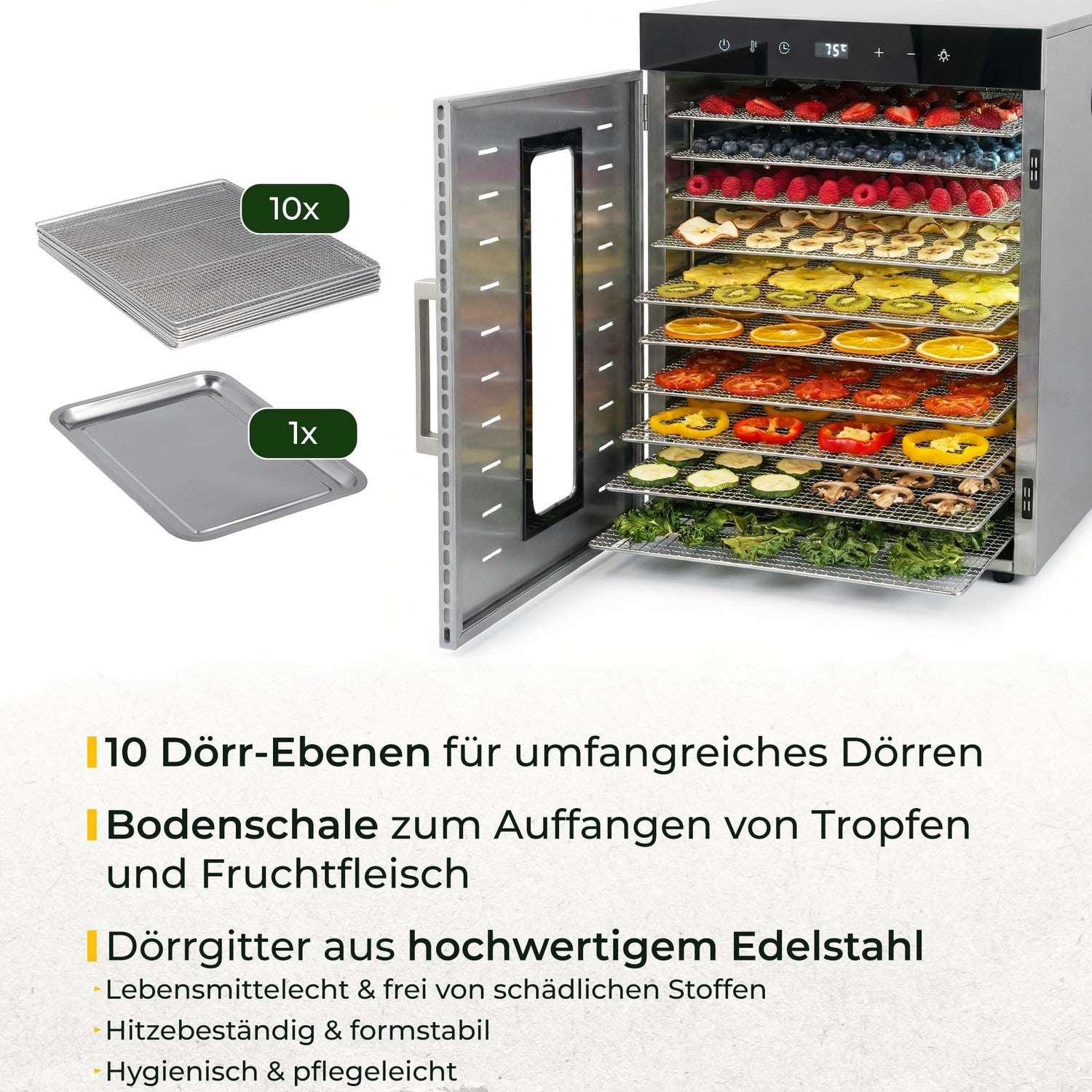 Edelstahl-Dörrautomat mit zehn Gitterebenen gefüllt mit getrocknetem Obst und Gemüse sowie Text.
