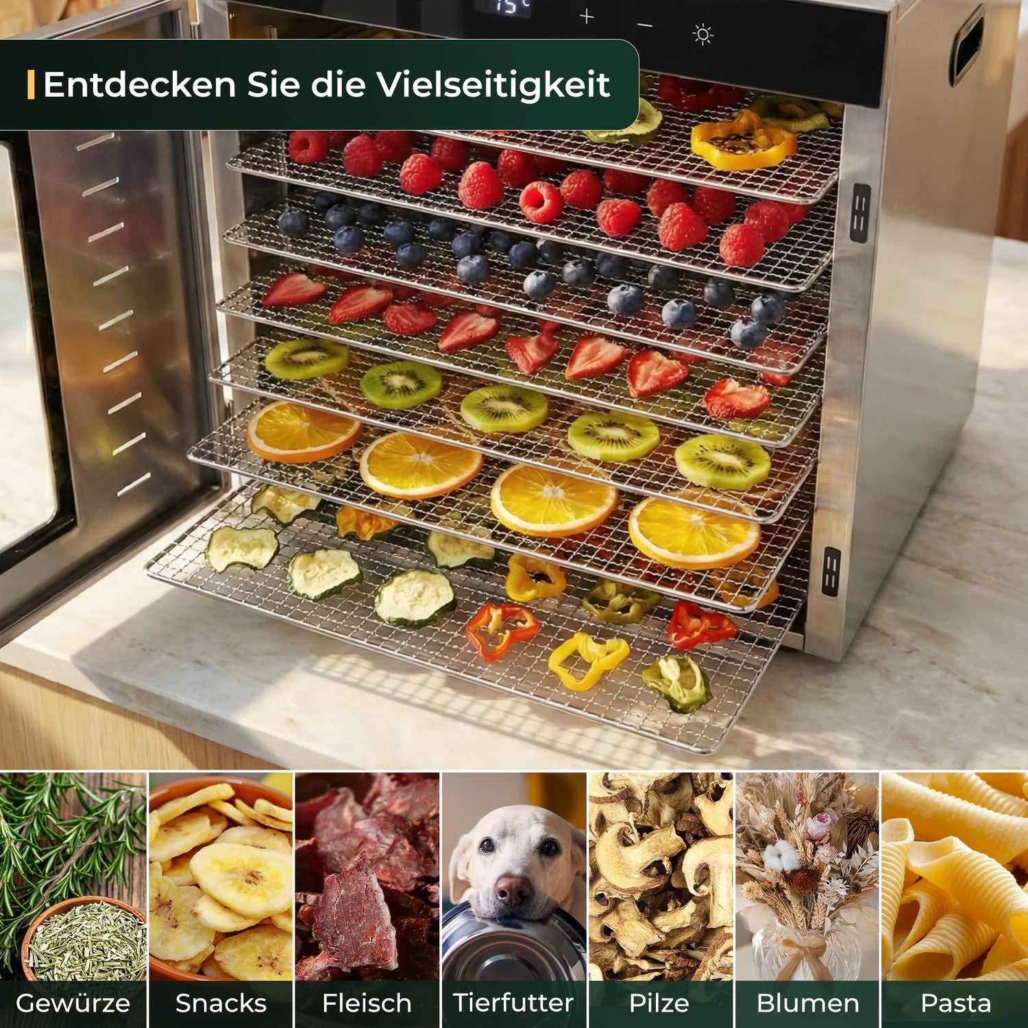 Ein Edelstahl-Dörrautomat mit mehreren Etagen voller getrocknetem Obst, Gemüse, Fleisch und Kräutern.