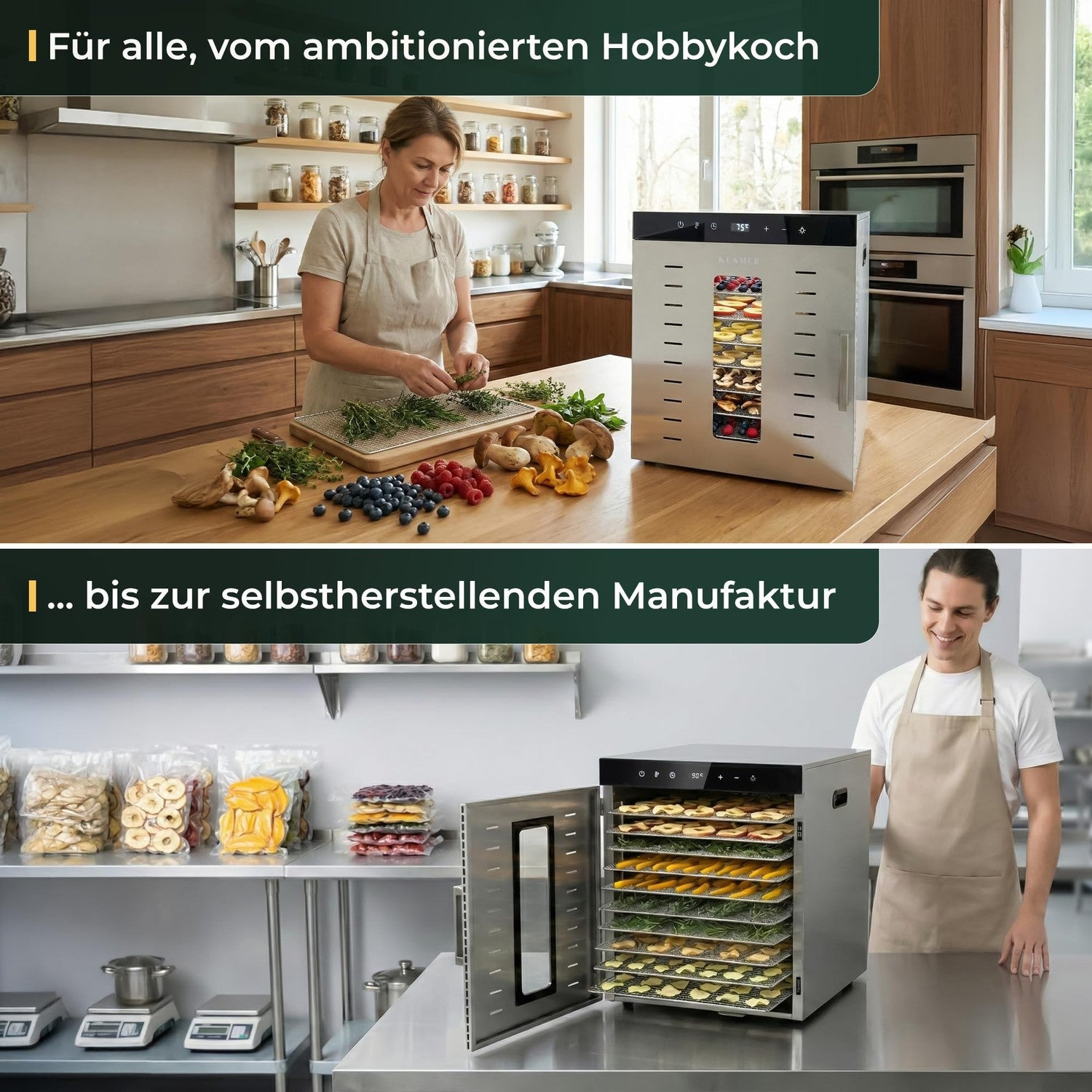 Eine Frau bereitet Kräuter vor und ein Mann prüft einen Dörrautomaten in einer modernen Küche.
