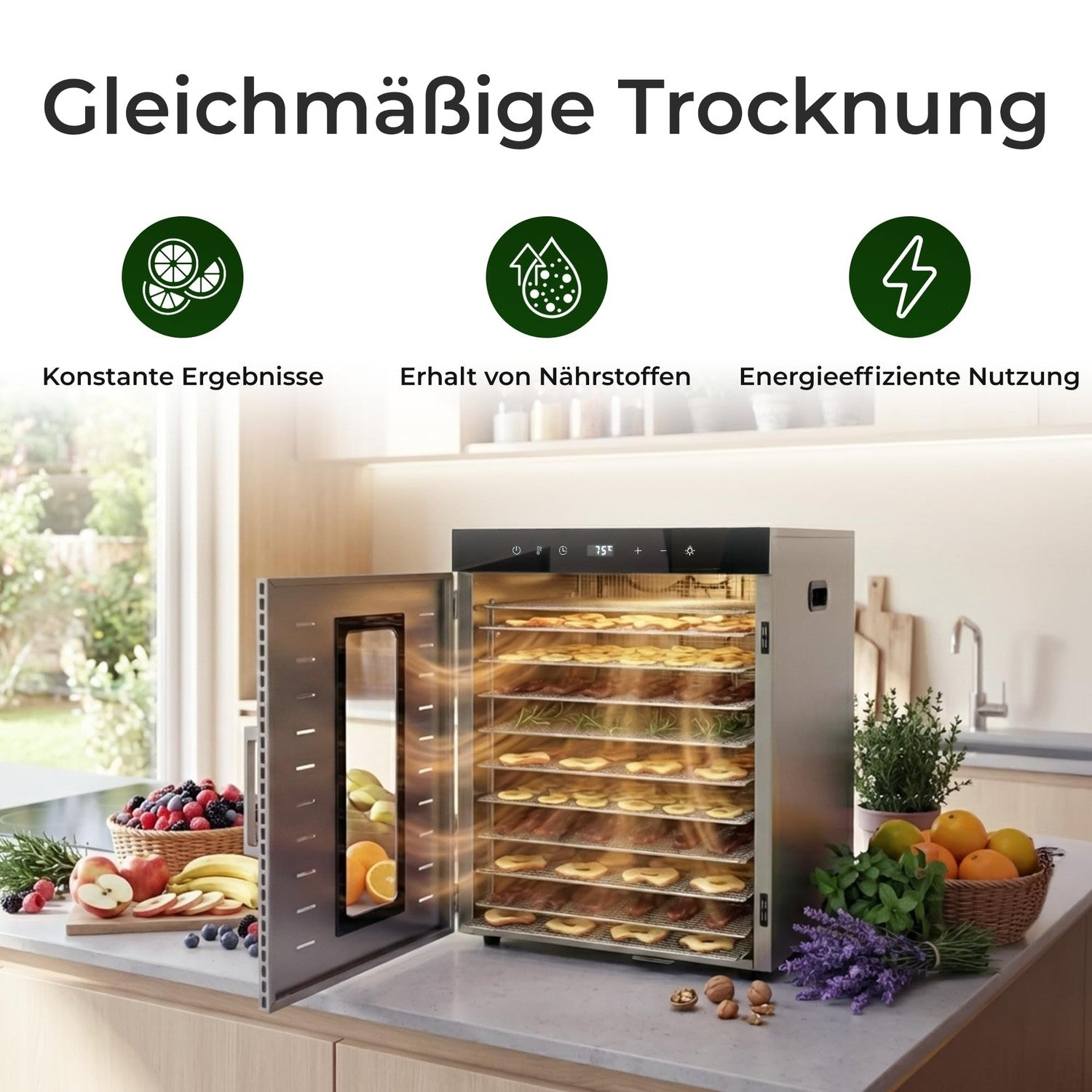 Ein Dörrautomat auf einer Küchenarbeitsplatte mit offener Tür, gefüllt mit Trockenobst und Kräutern, umgeben von frischen Produkten.