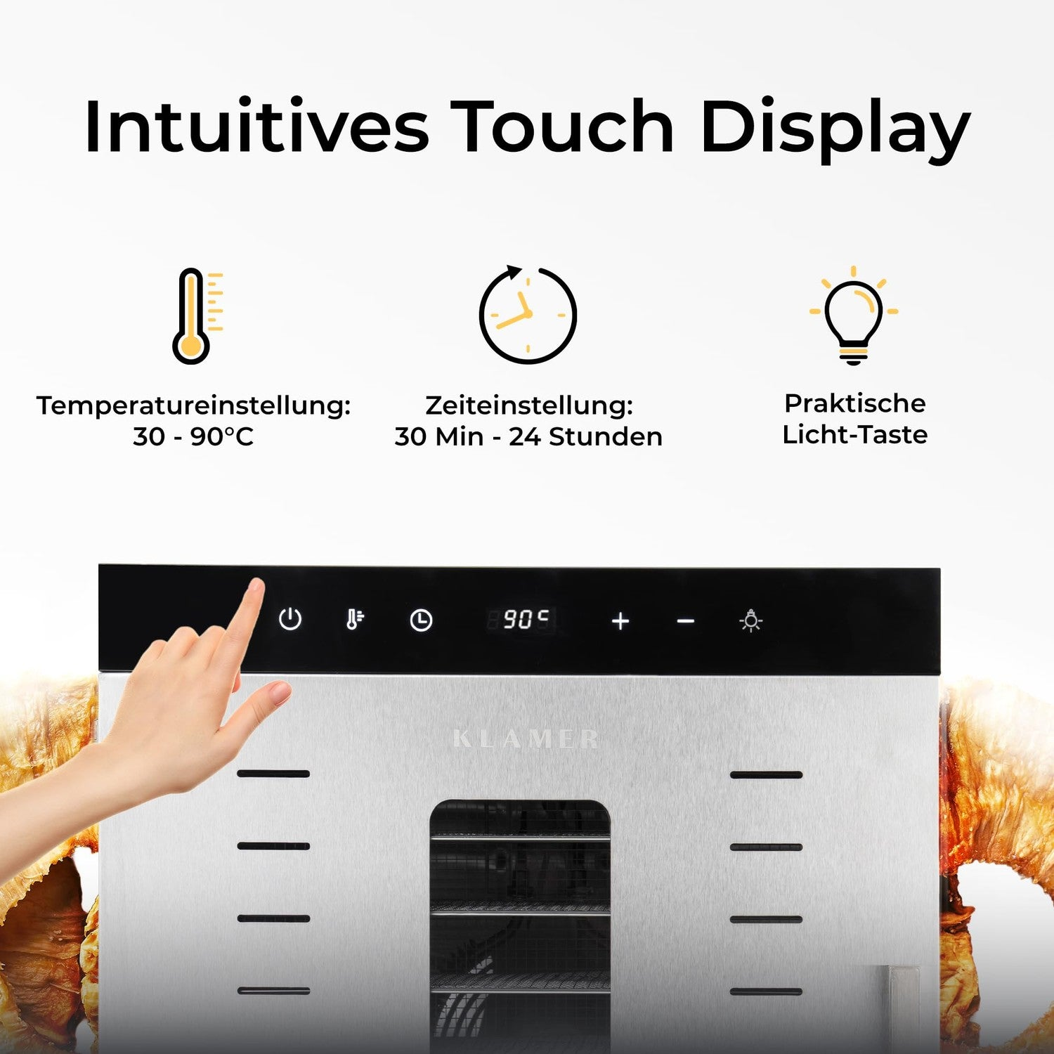 Hand berührt das Touch-Display eines Edelstahl-Dehydrators mit Einstellungs-Icons für Temperatur und Zeit darüber.