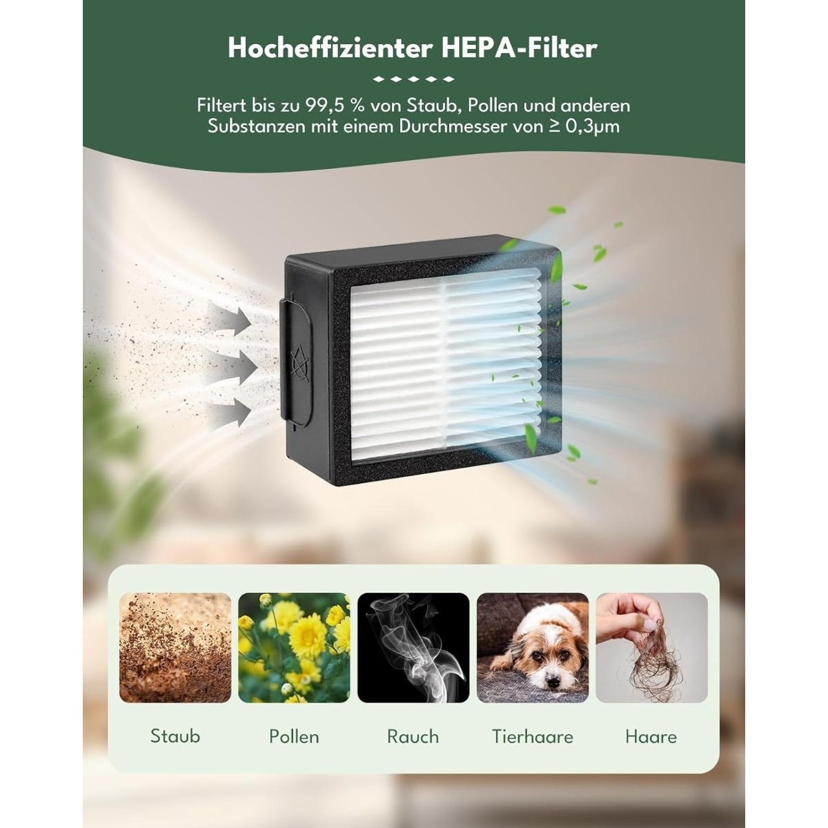 Diagramm eines HEPA-Filters mit Luftstrom und Beispielen für gefilterte Partikel wie Staub, Pollen und Haare.