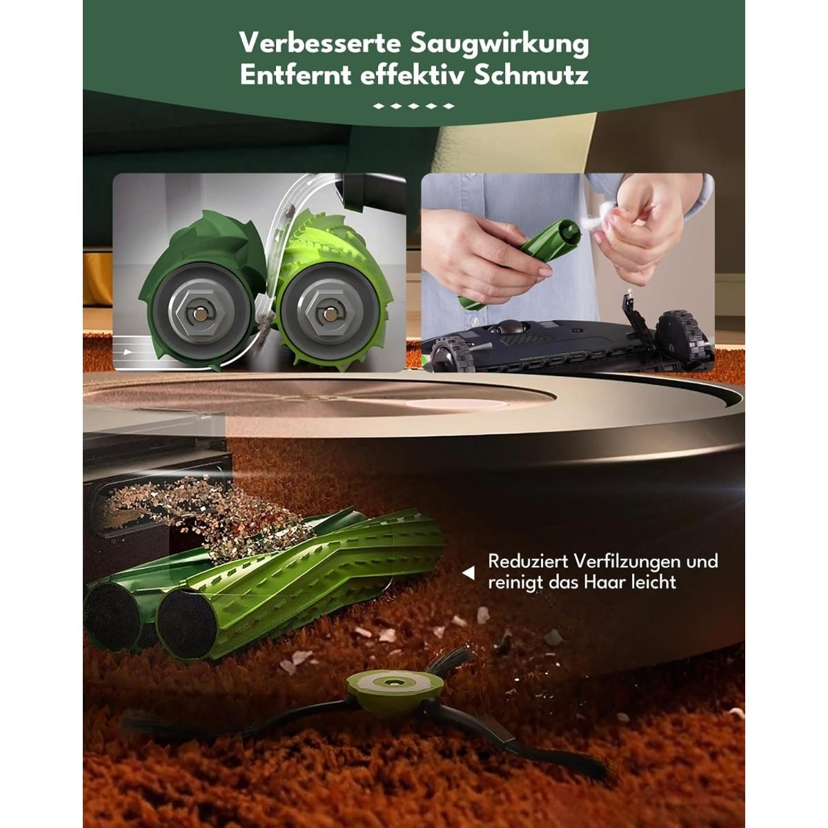 Roboterstaubsauger mit Doppel-Gummibürsten, die Schmutz auf Teppich aufnehmen und reinigen.