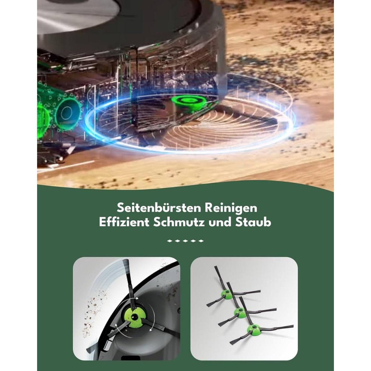 Ein Roboterstaubsauger mit rotierender Seitenbürste, die Schmutz auf dem Boden effizient reinigt.