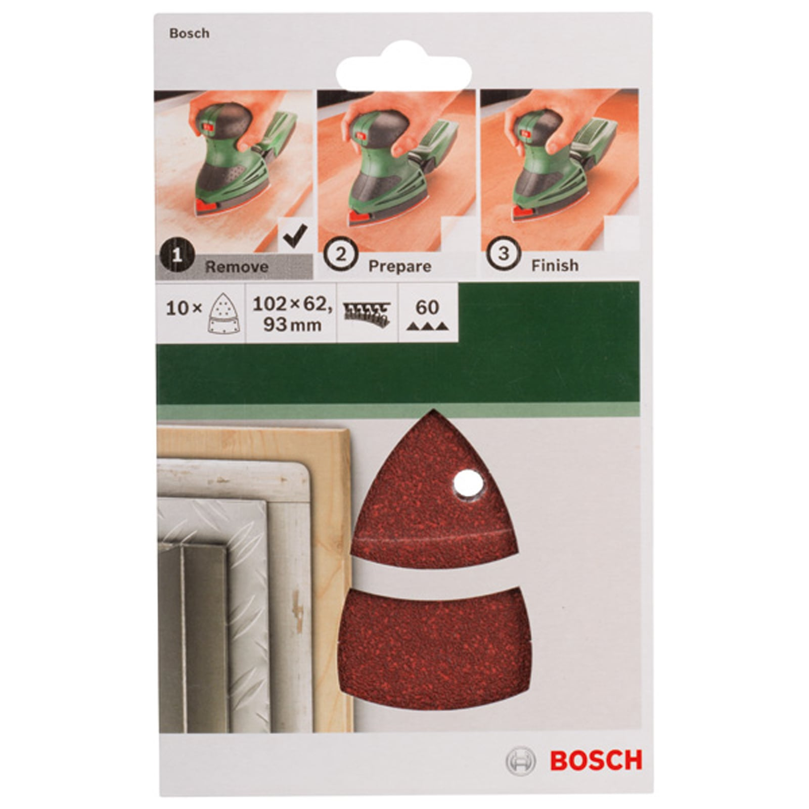 Bosch-Schleifpapierpackung mit dreieckigen Schleifblättern und Anleitungsbildern.