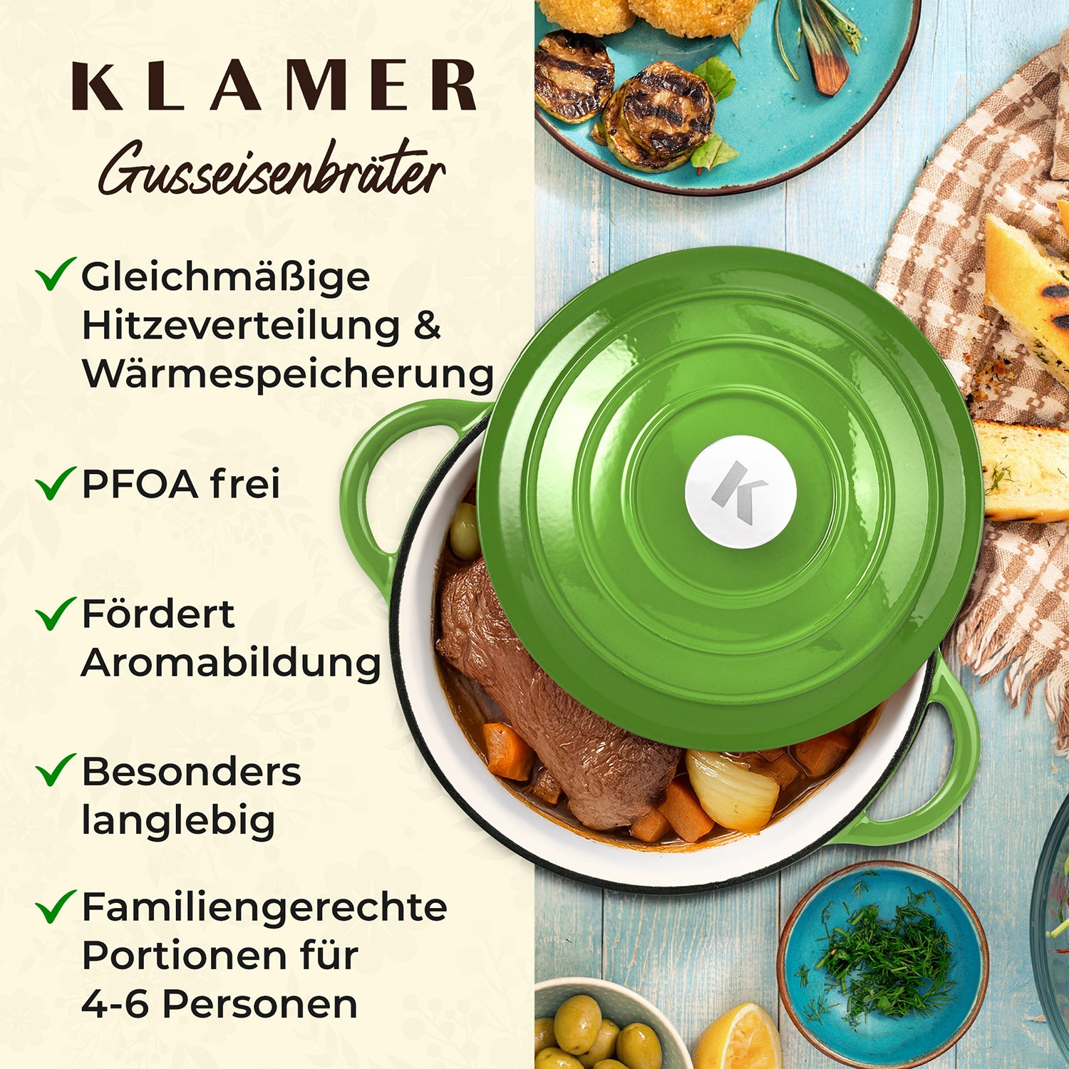 Ein grüner Gusseisentopf mit Essen, grünem Deckel und deutschen Texten links zu den Eigenschaften.