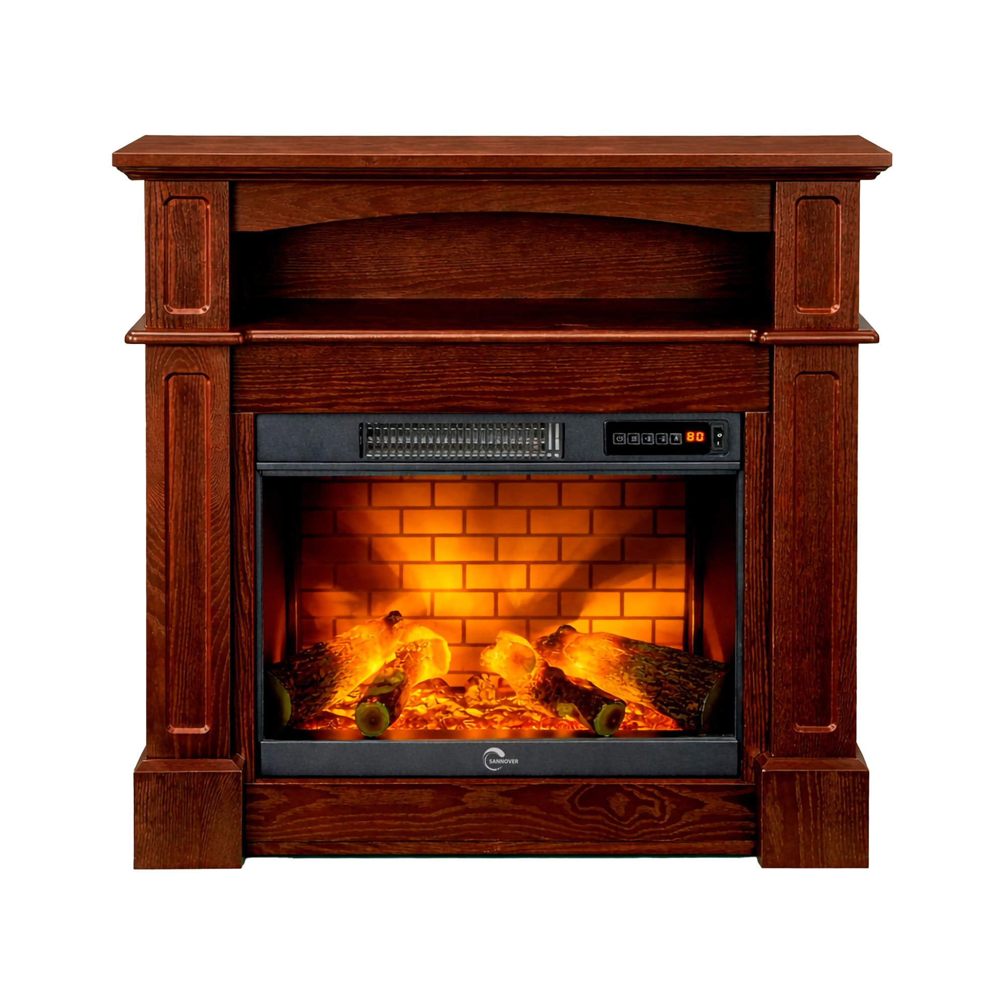 Ein elektrischer Kamin aus Holz mit künstlichen glühenden Holzscheiten vor einer roten Ziegelwand.