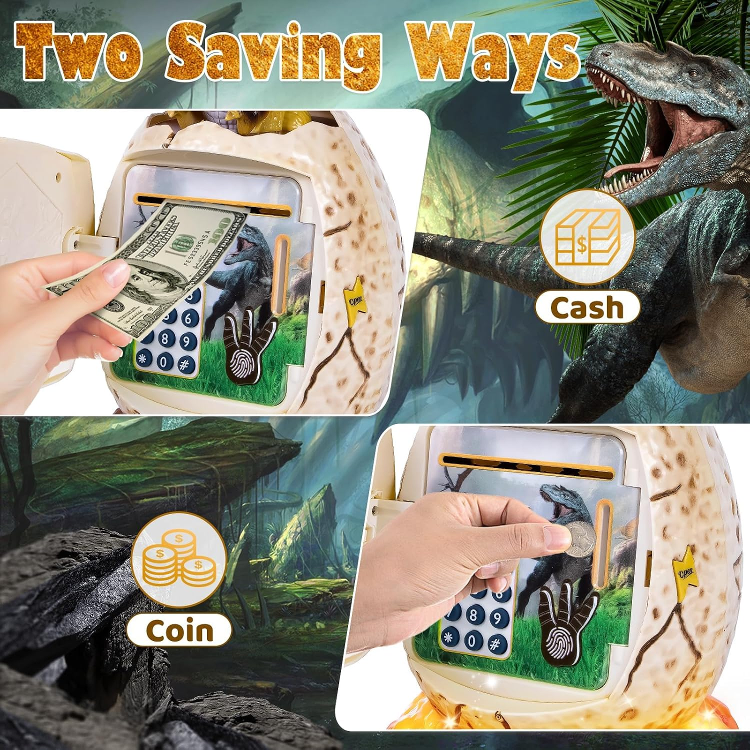 Dinosaurier-Spardose mit Code, Keypad und Geldeinwurf.