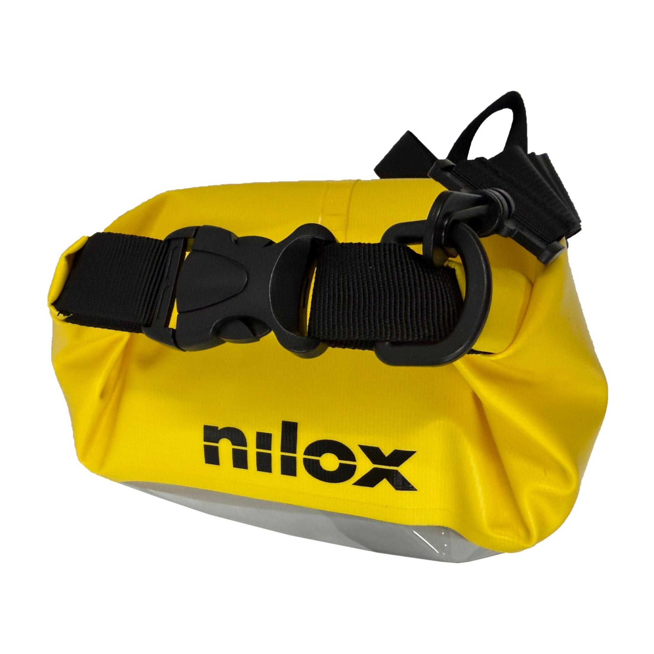Gelbe Nilox-Wasserdicht-Tasche mit schwarzem Gurt und Schnalle auf weißem Hintergrund.