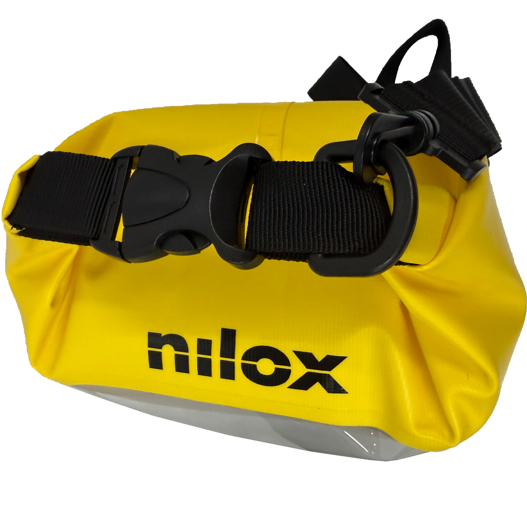 Gelbe Nilox-Wasserdicht-Tasche mit schwarzem Gurt und Schnalle.
