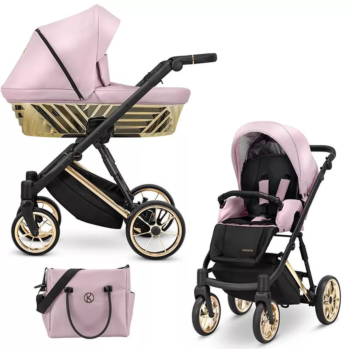 Rosa-schwarzer Kinderwagen mit goldenen Akzenten und passender Wickeltasche auf weißem Grund.