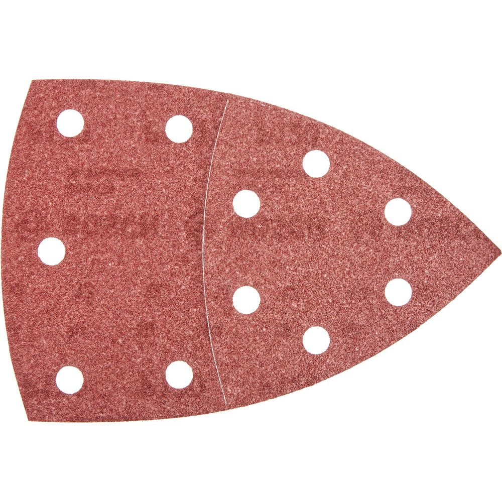 Rotes dreieckiges Schleifpapier mit mehreren kreisrunden Löchern.