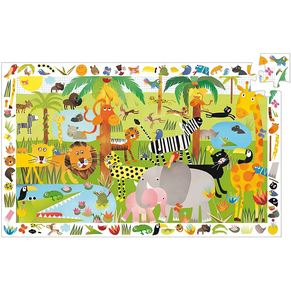 Ein buntes Dschungel-Puzzle mit Tieren wie Elefanten, Giraffen, Löwen und Zebras.