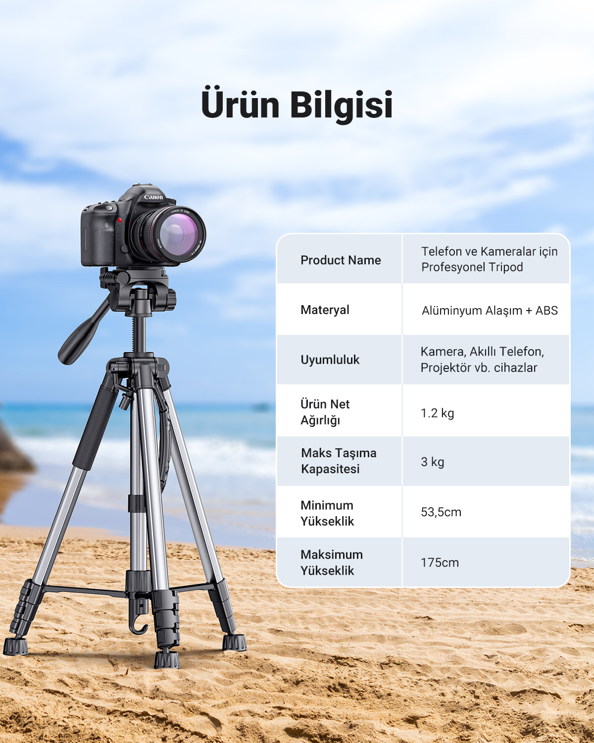 Kumsalda kamera takılı tripod ve yanında ürün özellikleri tablosu.