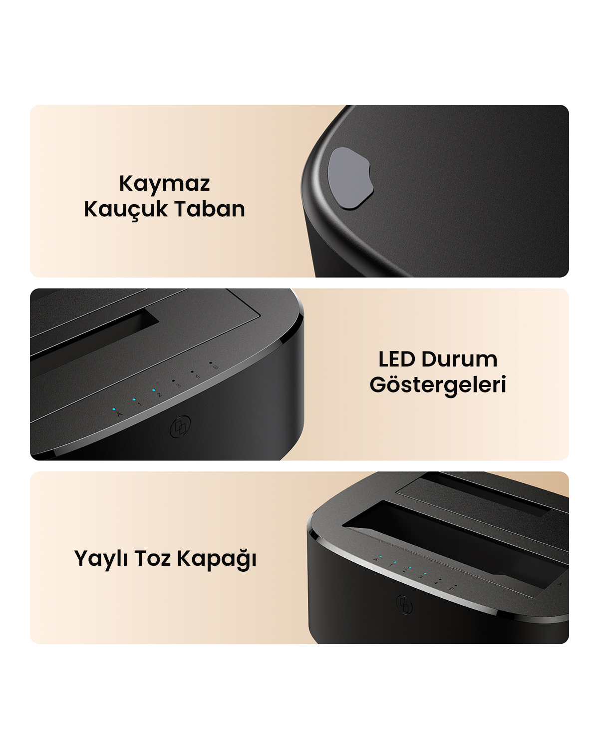 Üç ürün görünümü kaymaz tabanı, LED göstergeleri ve yaylı toz kapaklarını gösterir.