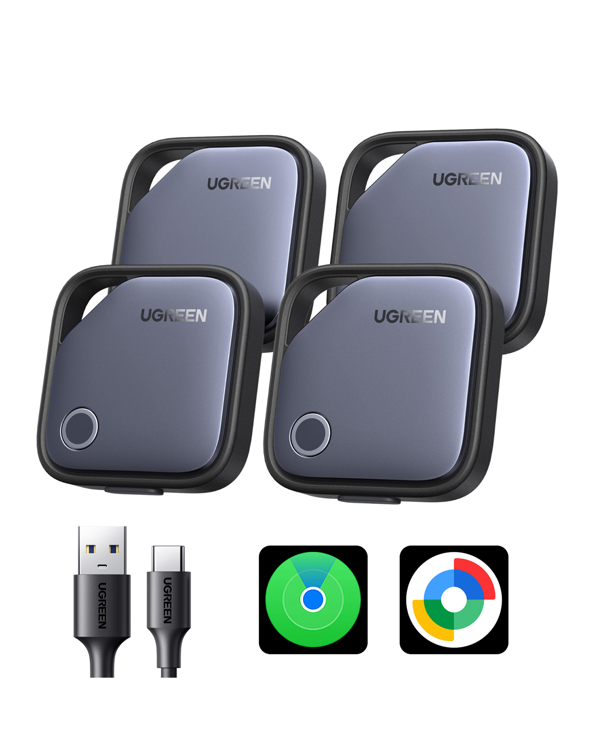 Beyaz arka planda USB kabloları ve uygulama simgeleri olan gri Ugreen akıllı takip cihazları.
