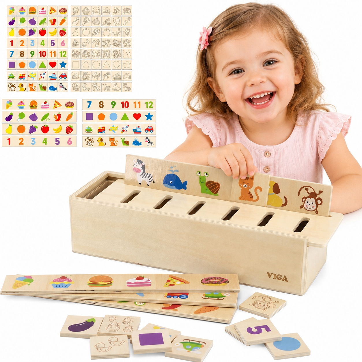 Niña feliz jugando con un juguete de madera para clasificar y aprender con animales y números.