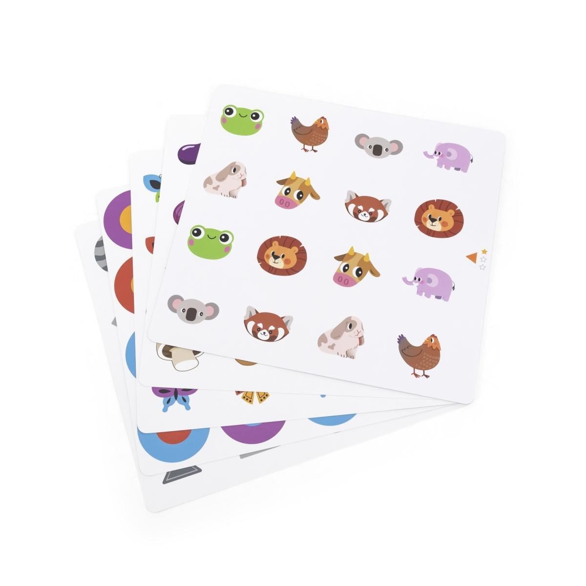Pila de cinco tarjetas blancas con ilustraciones de animales coloridos y patrones geométricos.
