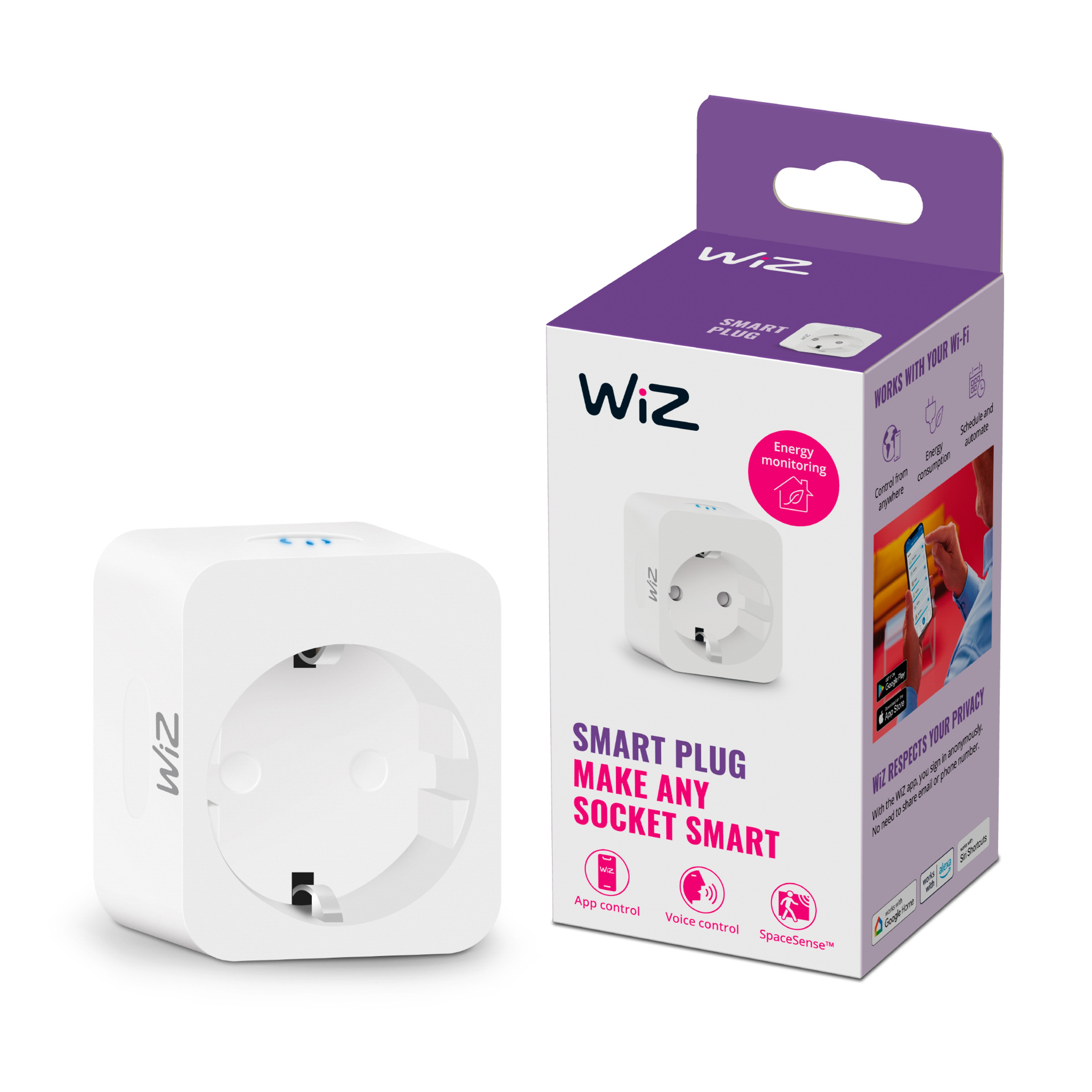 WiZ Smart Plug mit Verpackung. Die weiße Steckdose bietet App- und Sprachsteuerung sowie Energiemonitoring.