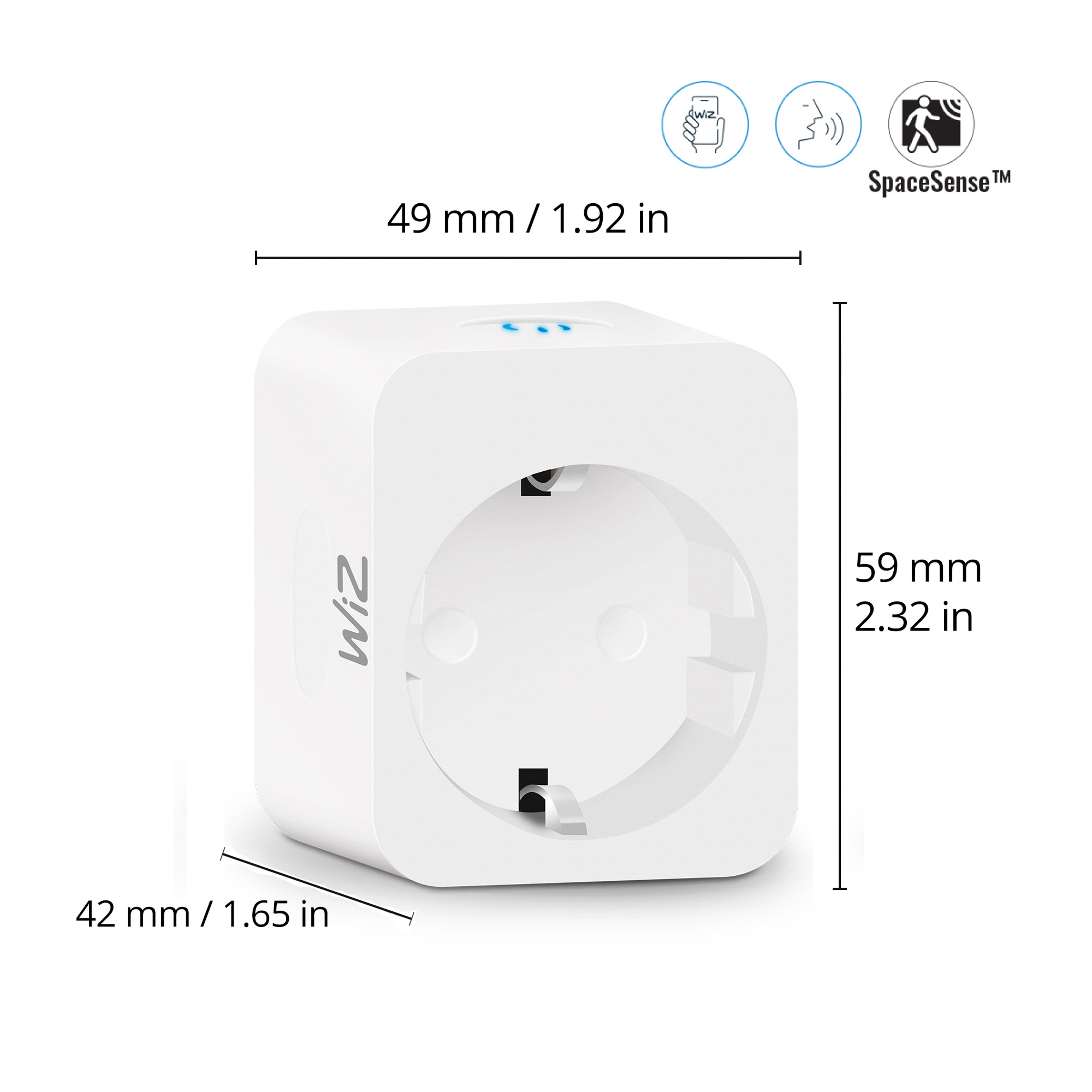 Weiße WiZ Smart Plug Steckdose mit Maßen und Icons oben.