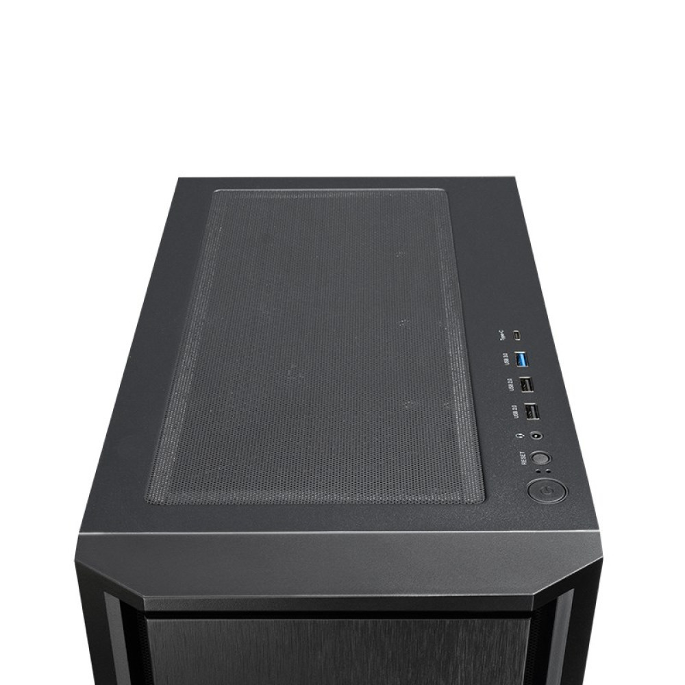 Górny panel czarnej obudowy komputera z kratką wentylacyjną, przyciskiem zasilania, portami USB i gniazdami audio.