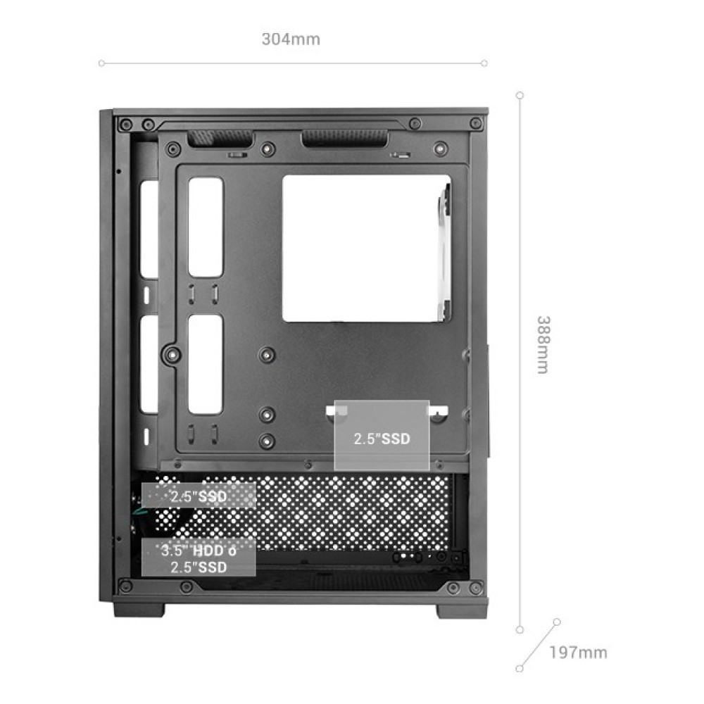 Rysunek techniczny obudowy PC z wymiarami i miejscami na dyski SSD.