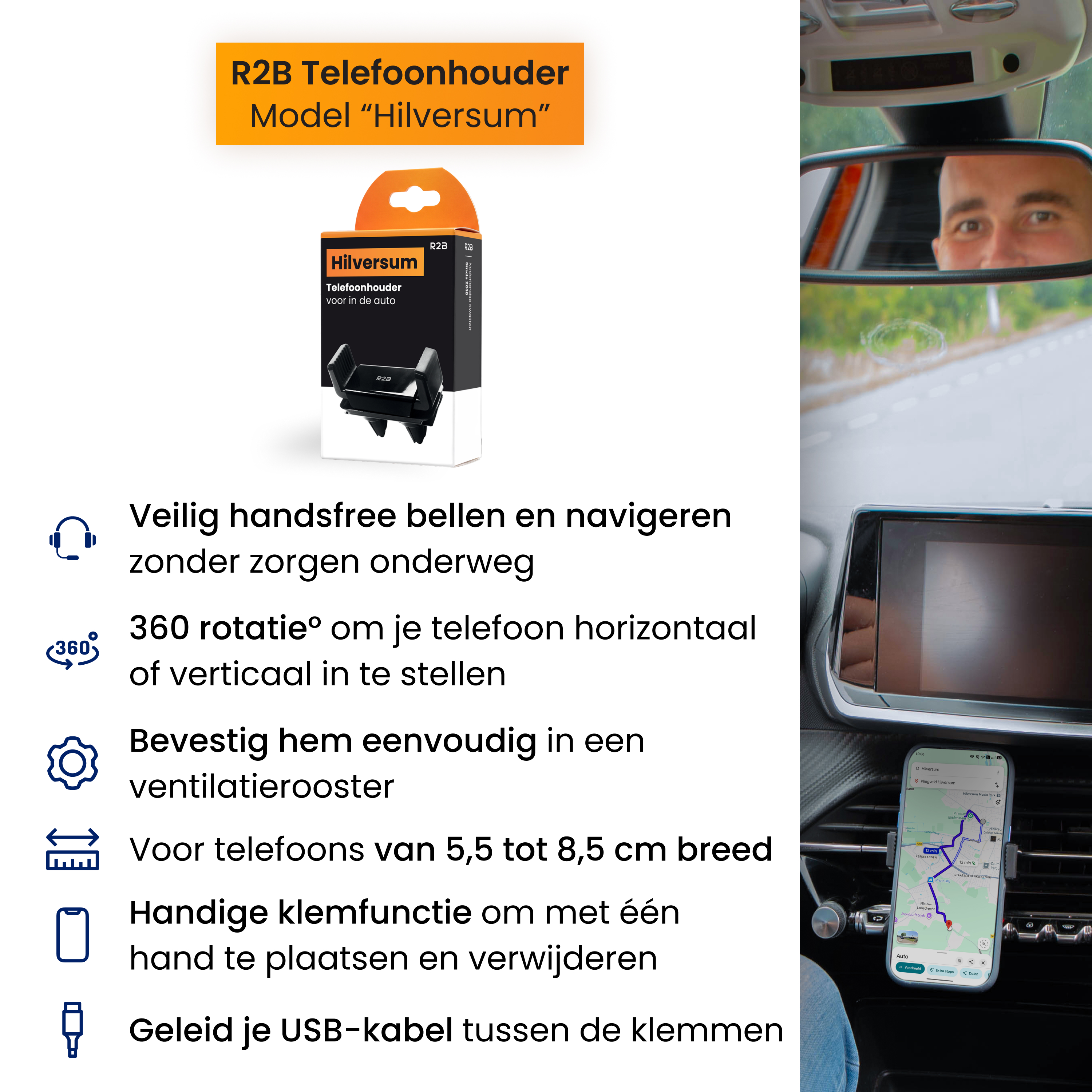 Eine Werbung für eine Autohalterung mit Produktmerkmalen neben dem Bild und einer Ansicht im Auto.