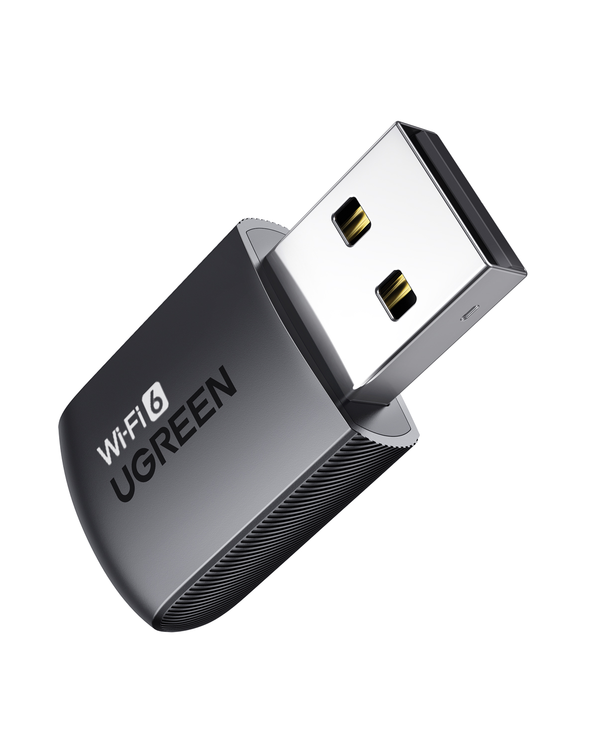 Beyaz arka planda metalik USB-A konnektörlü siyah bir Ugreen Wi-Fi 6 USB adaptörü.