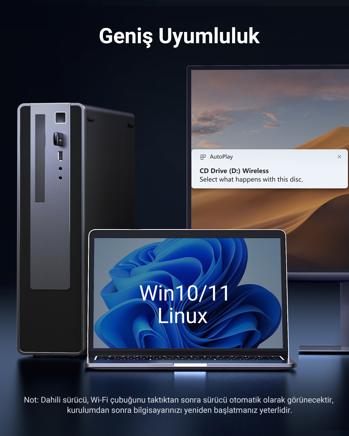 Bir bilgisayar kasası, Windows ve Linux yazan bir dizüstü bilgisayar ve ekran.