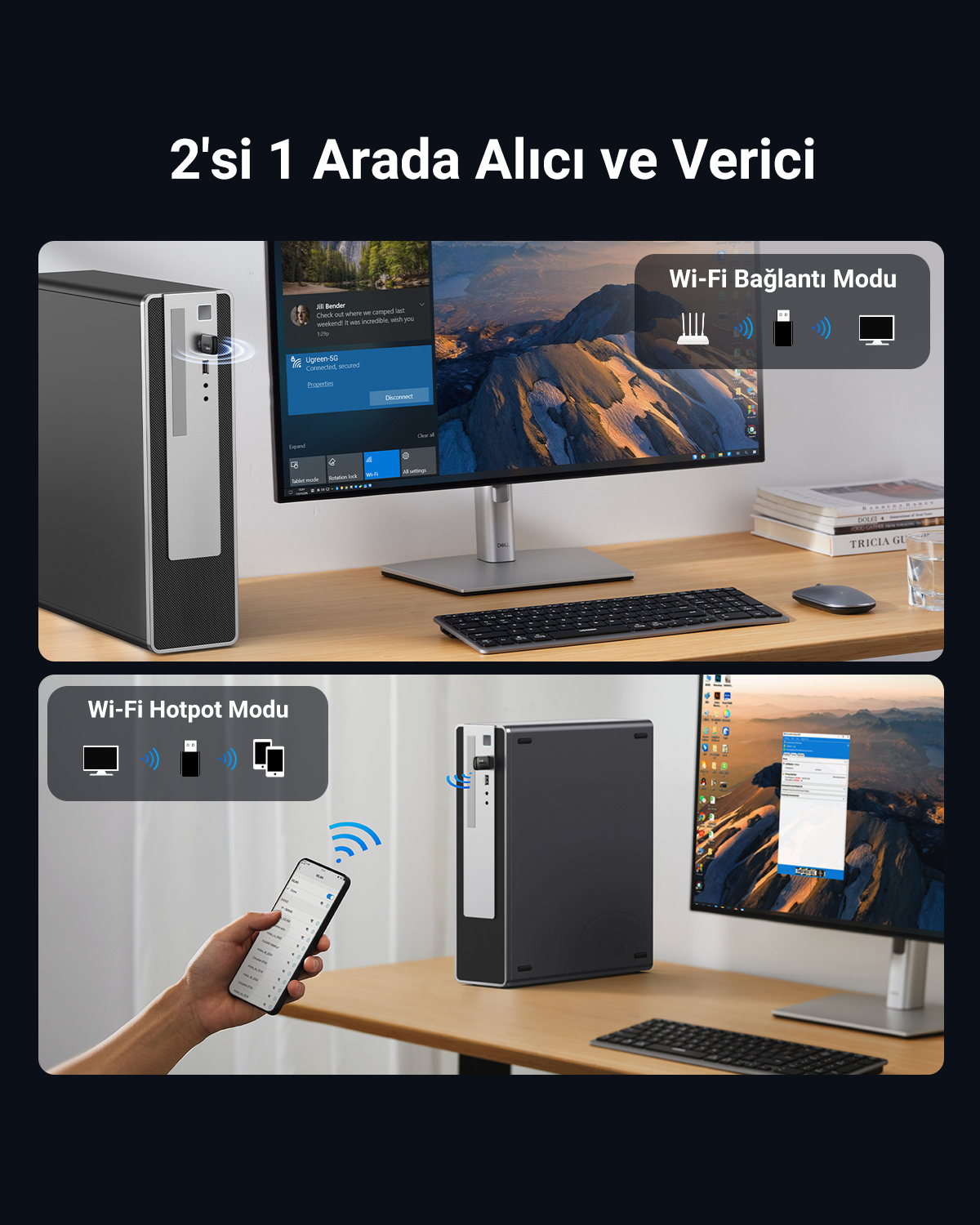 2si 1 arada Wi-Fi alıcı verici için Wi-Fi bağlantı ve hotspot modlarını gösteren tanıtım görseli.