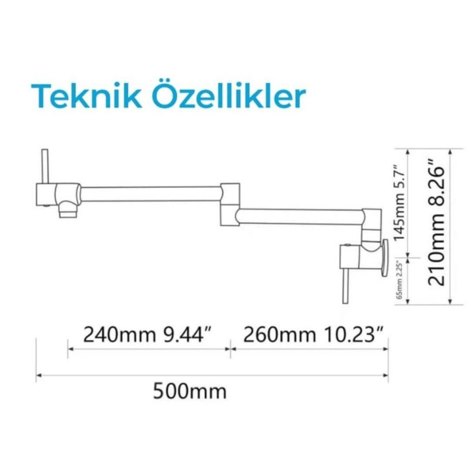 Mm ve inç cinsinden ölçüleri olan uzatılabilir mutfak bataryası teknik resmi.