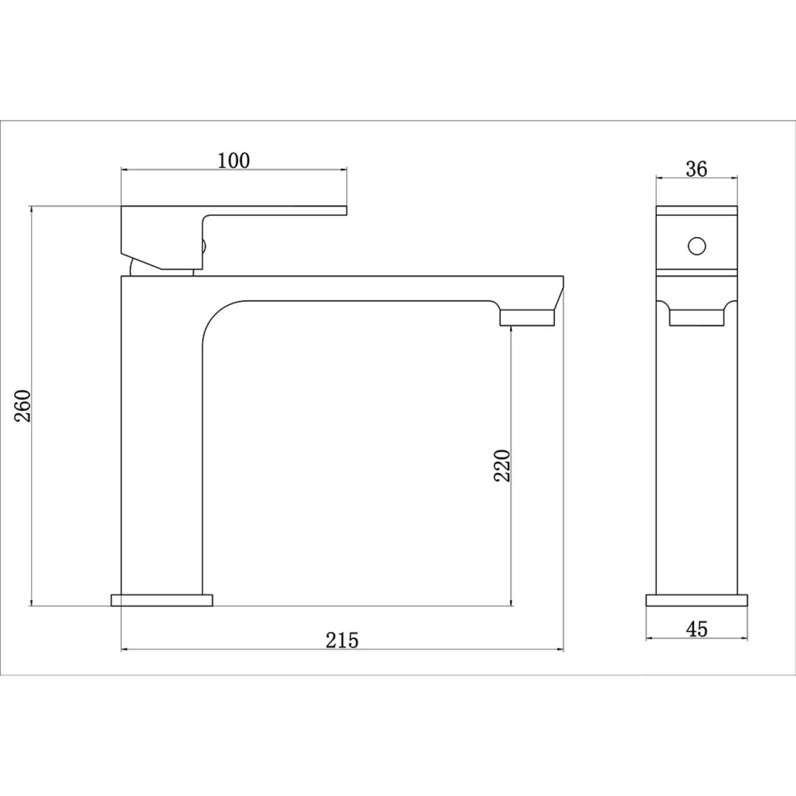 Milimetre cinsinden ölçüleri içeren modern bir lavabo bataryasının teknik resmi.