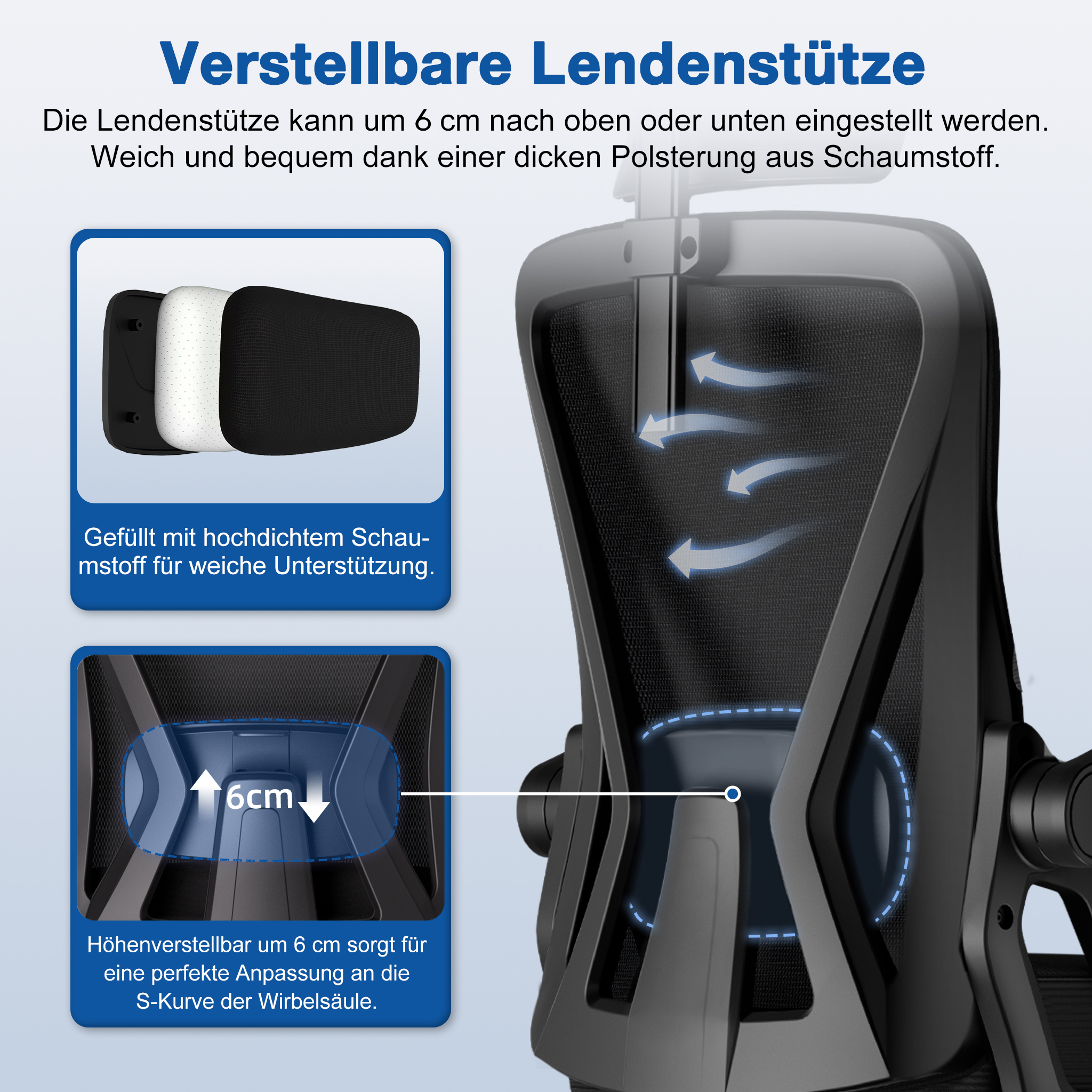 Verstellbare Lendenstütze eines schwarzen Bürostuhls, höhenverstellbar um 6 cm mit Schaumstoffpolsterung.