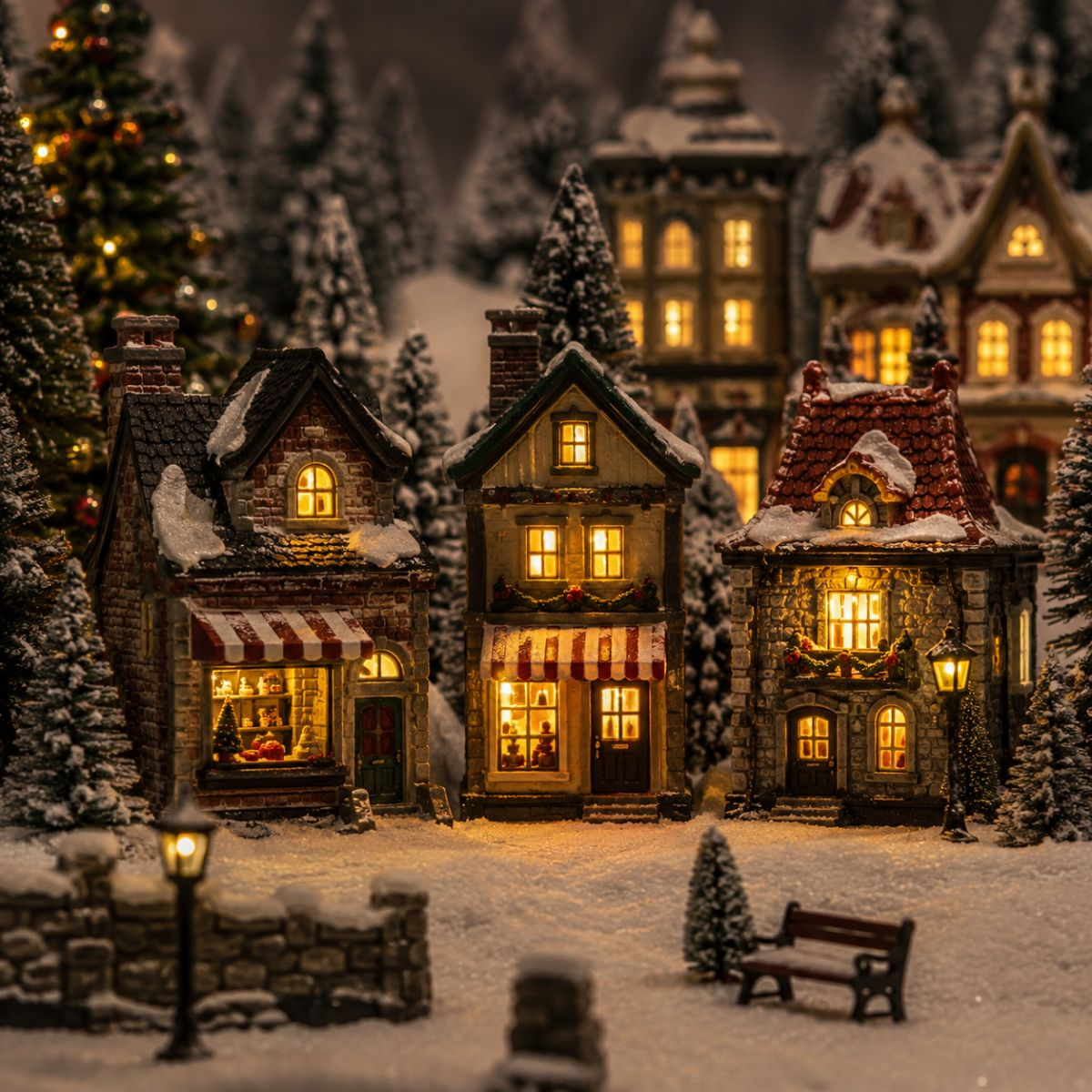 Eine gemütliche, verschneite Weihnachtsdorf-Szene mit beleuchteten Häusern, Bäumen und einer Parkbank.