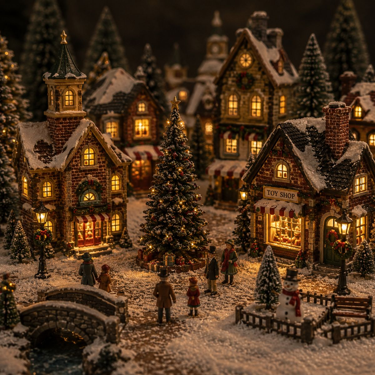 Beleuchtetes Weihnachtsdorf im Schnee mit beleuchteten Häusern, Tannenbaum, Brücke und Figuren.