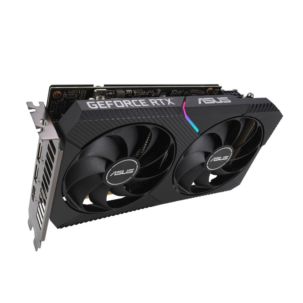 Schwarze ASUS GeForce RTX Grafikkarte mit zwei Lüftern und RGB-Beleuchtung auf weißem Hintergrund.