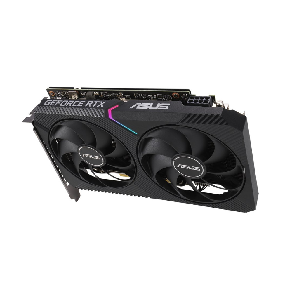 Schwarze Asus GeForce RTX Grafikkarte mit zwei Lüftern und RGB-Beleuchtung gegen weißen Hintergrund.