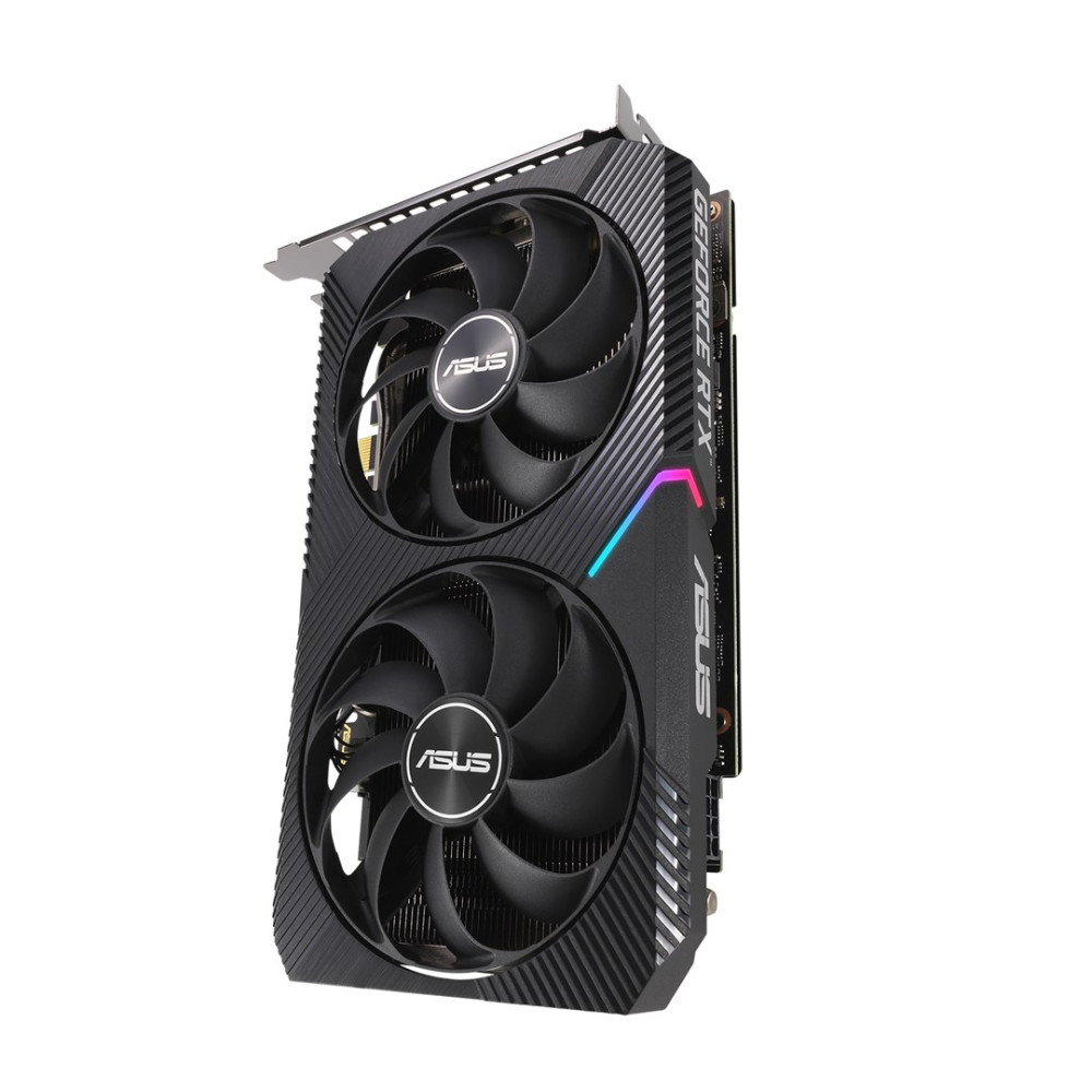 Eine schwarze ASUS-Grafikkarte mit zwei Lüftern, geripptem Gehäuse und RGB-Akzent vor weißem Hintergrund.